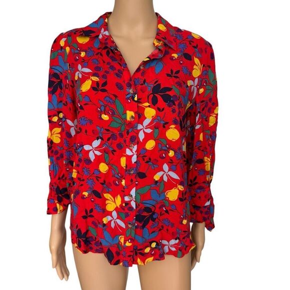 PHILOSOPHY BRIGHT COLORFUL MULTI FLORAL FRUIT TIE BUTTON UP BLOUSE SHIRT size S - Picture 1 of 7